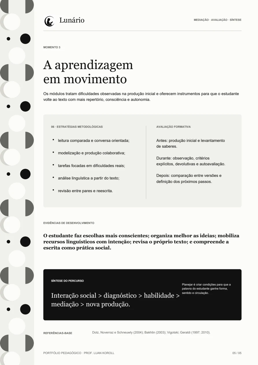 Slide 5: Estratégias metodológicas, avaliação formativa, evidências de desenvolvimento e síntese do percurso.